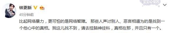 林更新发文怒斥网络智障：请去挂脑外科