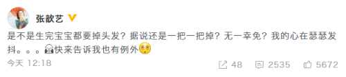 张歆艺担心产后脱发 网友出招:生二胎就不掉了