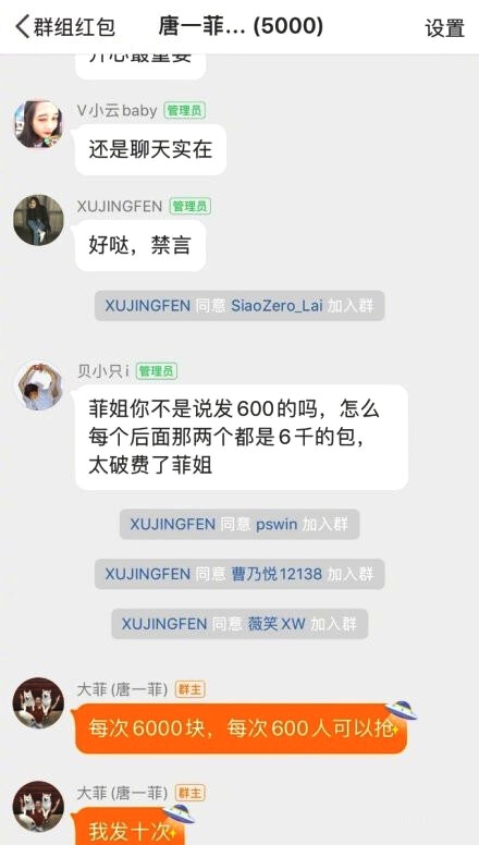 霸气“大菲姐” 唐一菲建群连发六万元红包