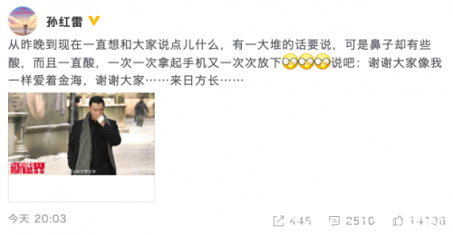 孙红雷感性发文感谢粉丝：谢谢大家像我一样爱着金海