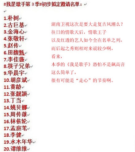 我是歌手第三季什么时候开始 第三季嘉宾名单