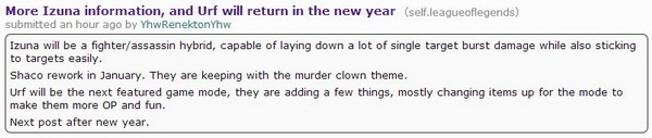 LOL爆料：新英雄Izuna 无限火力将再度开启