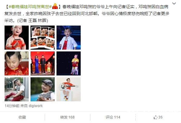 春晚福娃邓鸣贺因白血病复发去世 年仅8岁