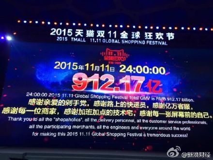 天猫双十一全天交易额912亿