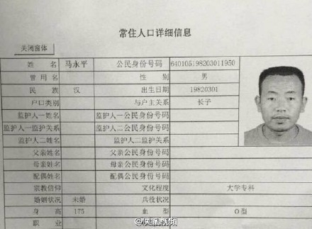 宁夏公交失火嫌疑人马永平通缉令