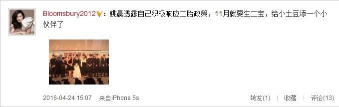 姚晨宣布怀二胎：11月给小土豆添个伙伴