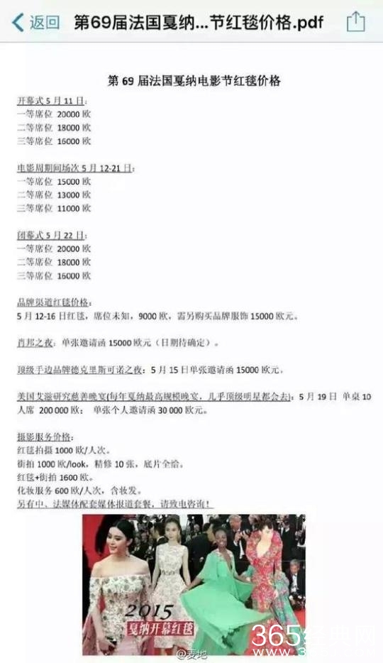 戛纳红毯价目表曝光 一等座2万欧元