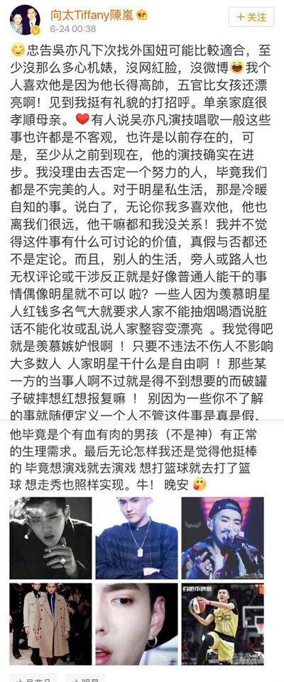 向太声援吴亦凡：下次找外国妞 没心机婊