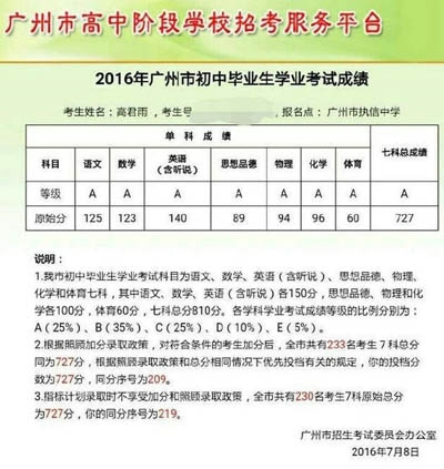 点读机女孩高君雨晒中考成绩 门门都是A