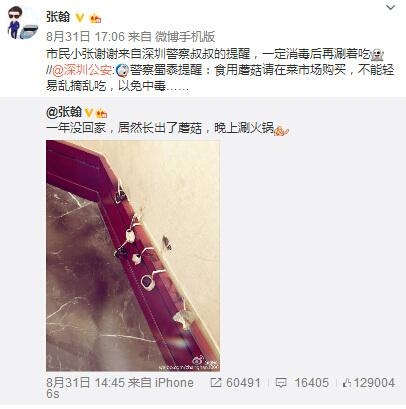 张翰家中长蘑菇想涮着吃 意外获警方提醒