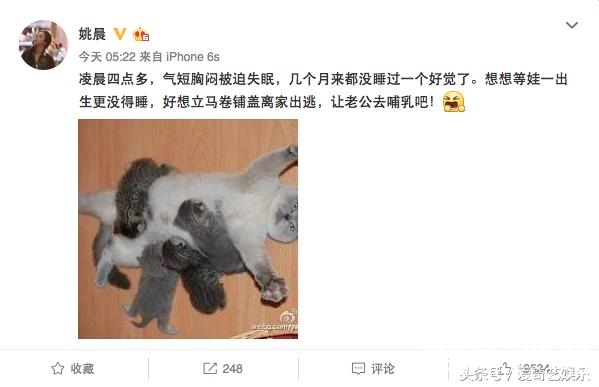 预产期临近姚晨连月失眠狂吐槽：好想离家出逃