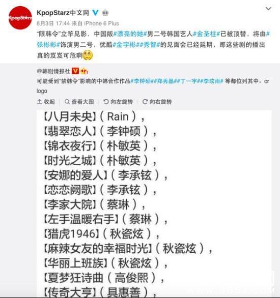 限韩令下哪几部作品会受影响 男星张翰受影响最大？