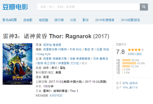 雷神3豆瓣评分7.8值得一看么 雷神3豆瓣影评如何
