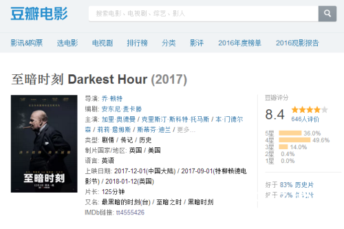 至暗时刻豆瓣评分多少 至暗时刻值得一看么