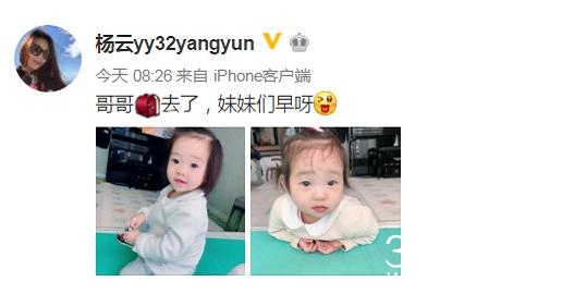 杨云晒双胞胎女儿近照，太像妈妈了