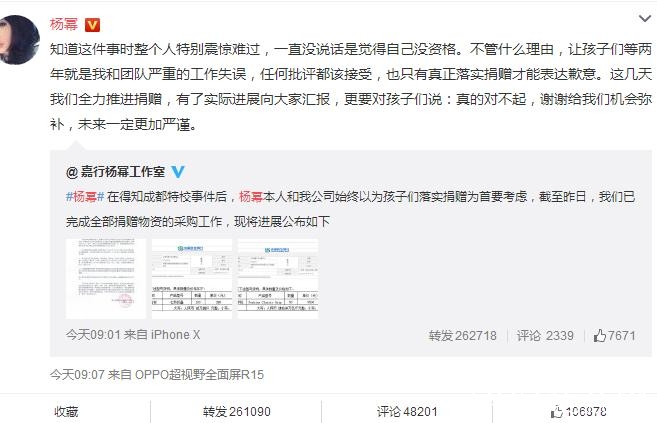 杨幂诈捐风波后首发声：将会全力弥补