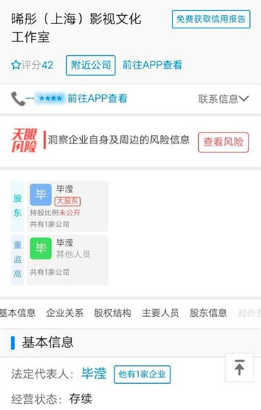 毕滢是张丹峰工作室法人 占股百分之百