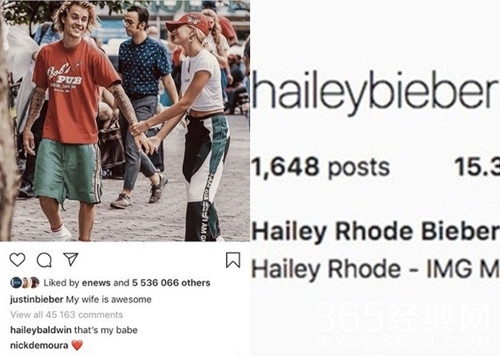 海莉ins改名 冠上比伯姓氏 正式公开夫妇关系