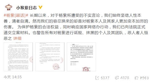 杨紫工作室起诉造谣者 被指炒作卖惨还拉踩他人