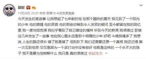 唐人总裁蔡艺侬为胡歌发声 拒绝网络暴力 已交律师处理