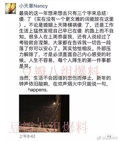 网曝章泽天朋友圈曝光 用“傻b了”来总结过去一年