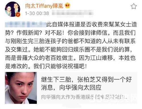 网曝向太帮助张柏芝复出 向太否认：与对方早已无联系