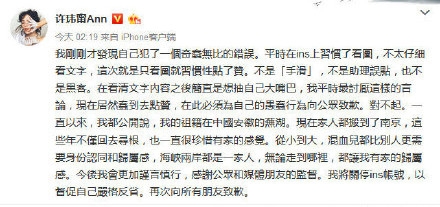 许玮甯道歉称无心点赞 网友会买账单吗？