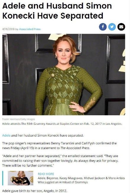 30岁阿黛尔宣布离婚 结束7年爱情长跑