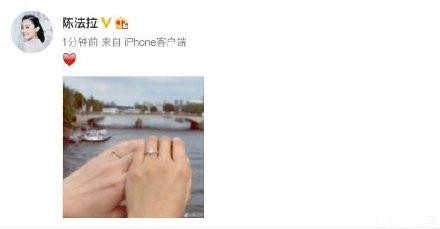 陈法拉晒出与男友司手戴婚戒的照片 宣布结婚喜讯