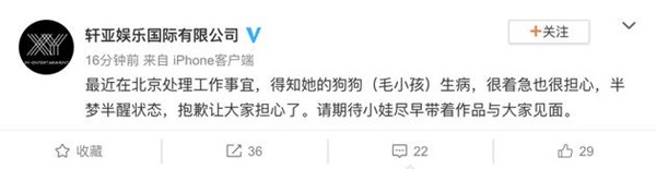 萧亚轩公司回应半夜发视频 小狗生病让大家担心了