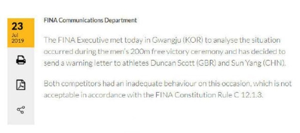 国际泳联再发警告 向孙杨和斯科特警告：都有不当行为