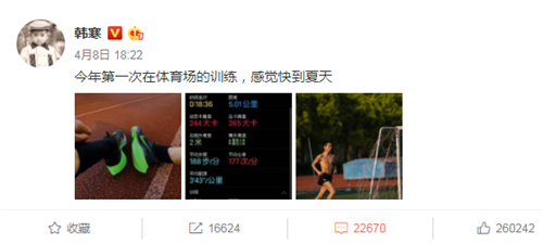 韩寒晒体育场跑步照 网友：你为什么发谢霆锋的照片？