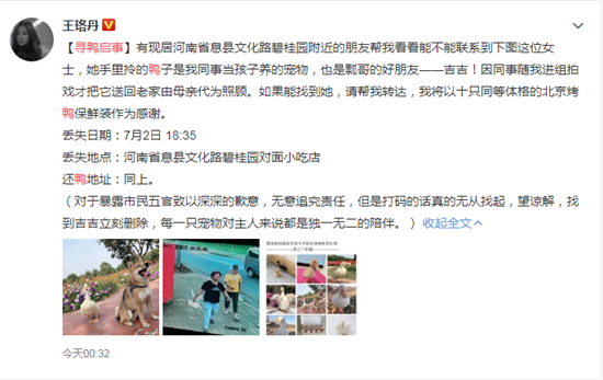 王珞丹寻鸭启事登热搜  究竟是怎么回事呢？