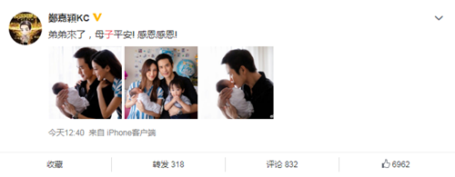 郑嘉颖晒全家福 官宣二胎生子