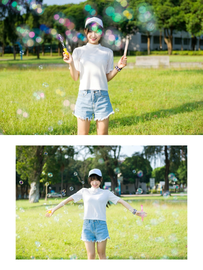 坐在草坪上吹泡泡清纯美女阳光气质写真照片