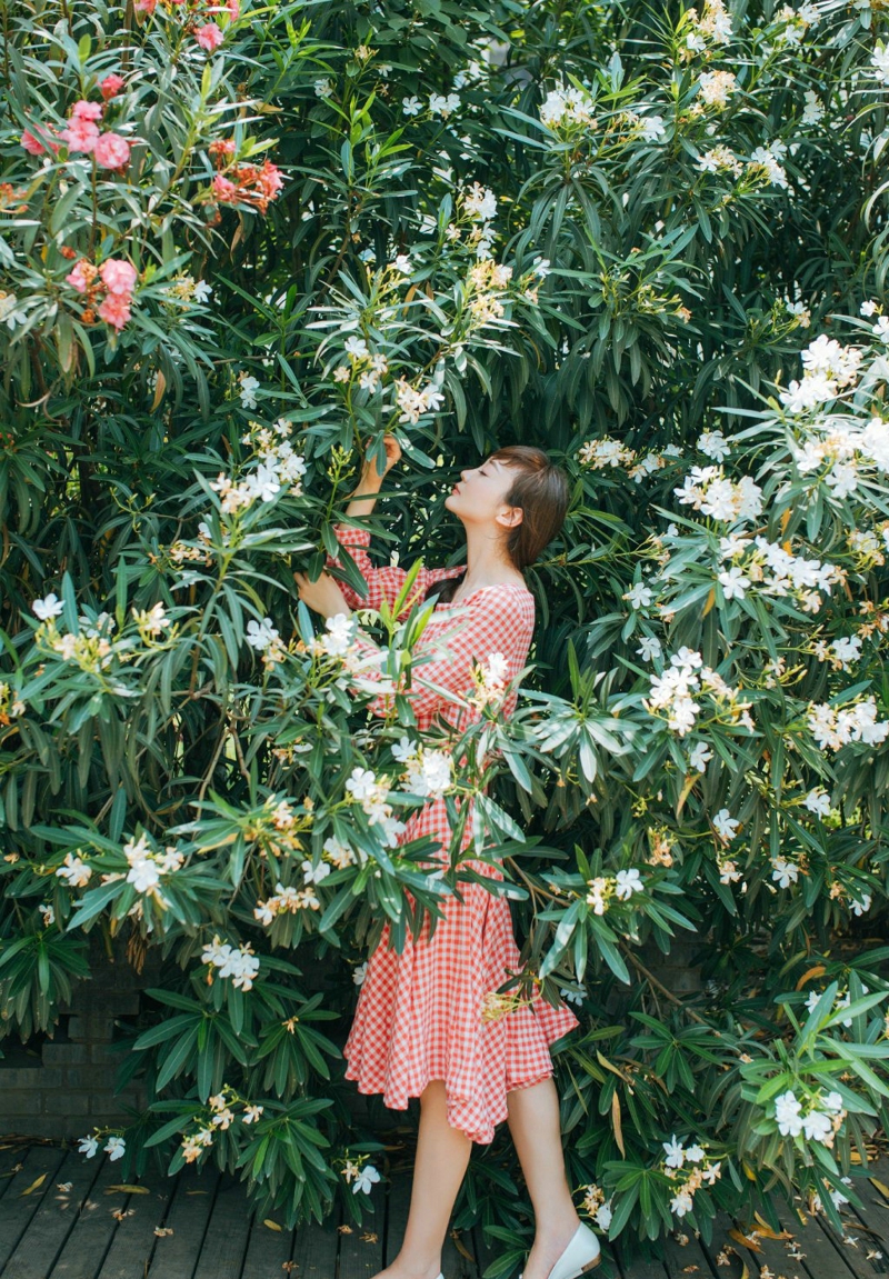 花海中中的格子裙麻花辫少女写真